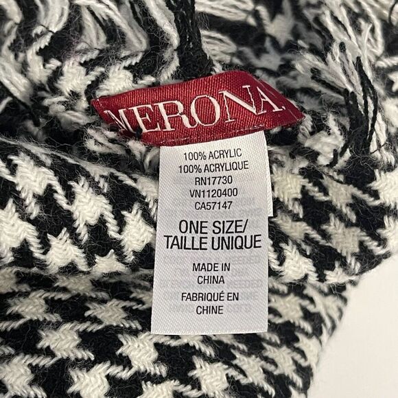MERONA Scarf Women's One Size Black White Houndstooth Acrylic Fringe Soft Knit - Picture 3 of 9